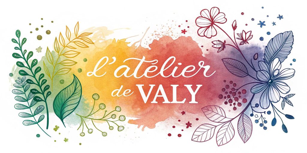 Bandeau aquarelle coloré avec fleurs et feuillages, logo L’Atelier de Valy