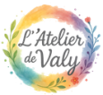 Logo de L’Atelier de Valy, cercle aquarelle coloré avec fleurs et feuillages