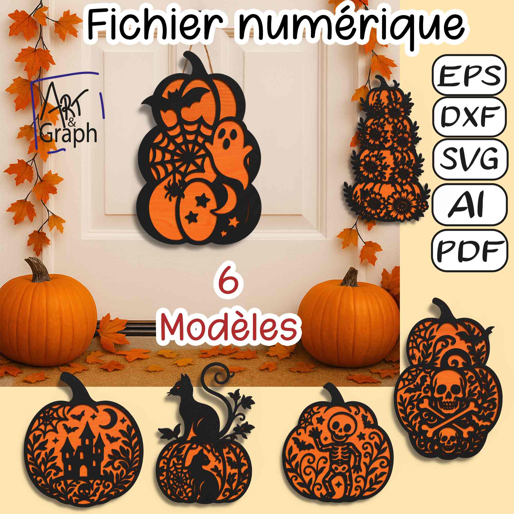 Lot de 6 fichiers numériques de panneaux de porte Halloween – motifs superposés, prêts pour découpe laser (SVG DXF AI EPS PDF)