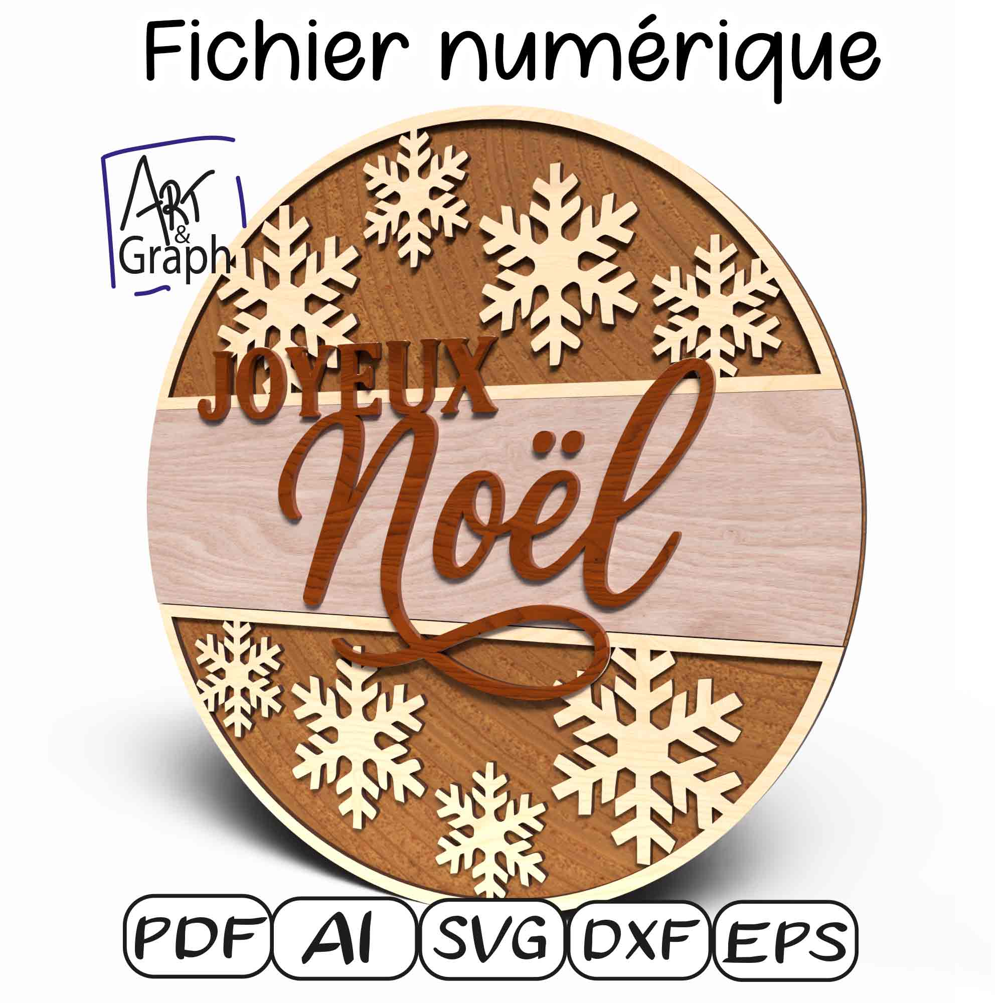 Fichier numérique Joyeux Noël rond avec flocons de neige – modèle multicouche pour découpe laser