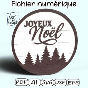 Fichier numérique Joyeux Noël rond avec sapins – modèle découpe laser multicouche