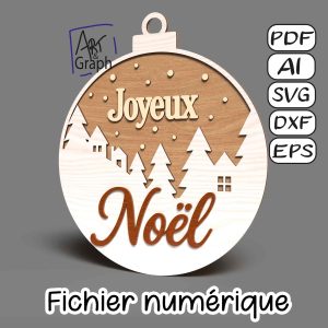 Fichier numérique Joyeux Noël rond forêt et village – modèle multicouche pour découpe laser