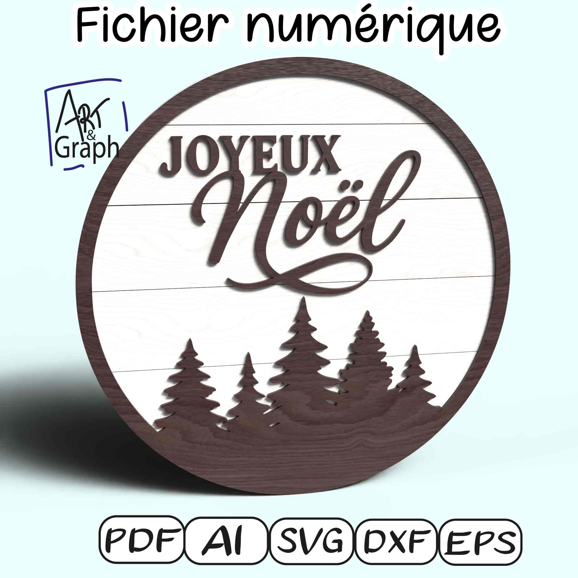 Fichier numérique Joyeux Noël rond avec sapins – modèle découpe laser multicouche